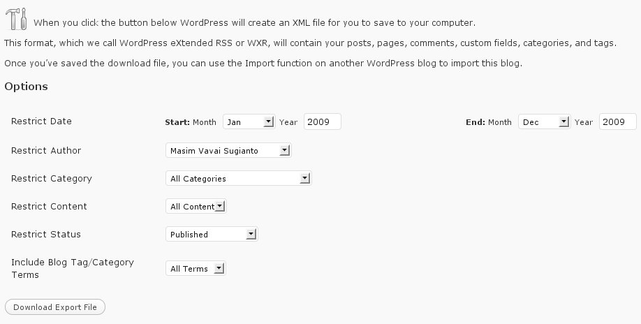 Tampilan WordPress Advance Export. Klik untuk resolusi lebih besar.